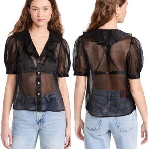 NWT Lingua Franca Sheer Ruffle Edges Short Sleeve Odette Top Black Size: Large